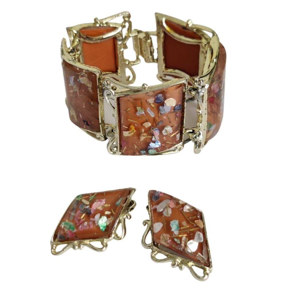 Vintage Lucite Confetti Jewelry Set Bracelet and Earrings Signed PAM